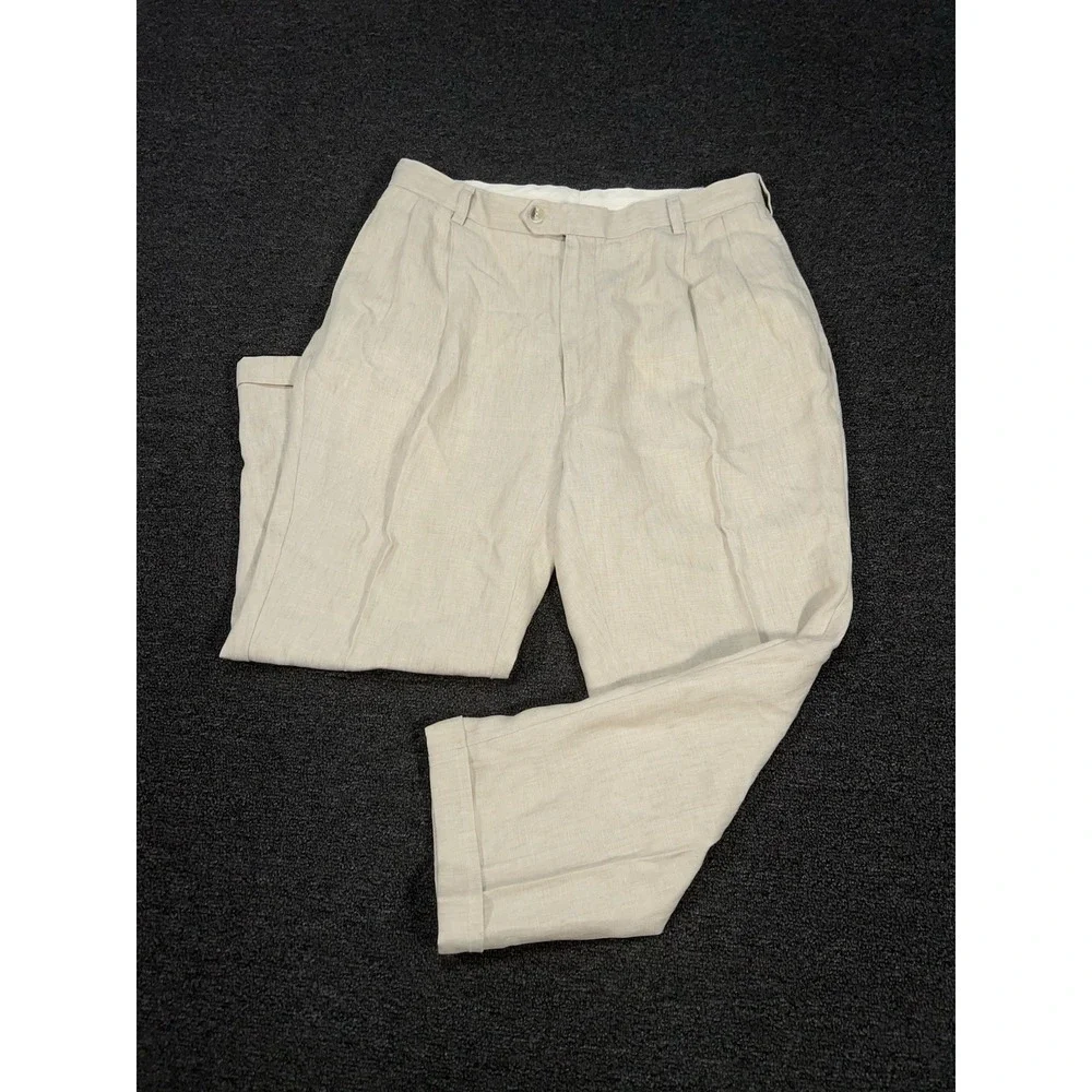 Jos A Bank Dress Pants Men's 36x26 Beige 100% Linen Pleated Cuffed Preppy‎